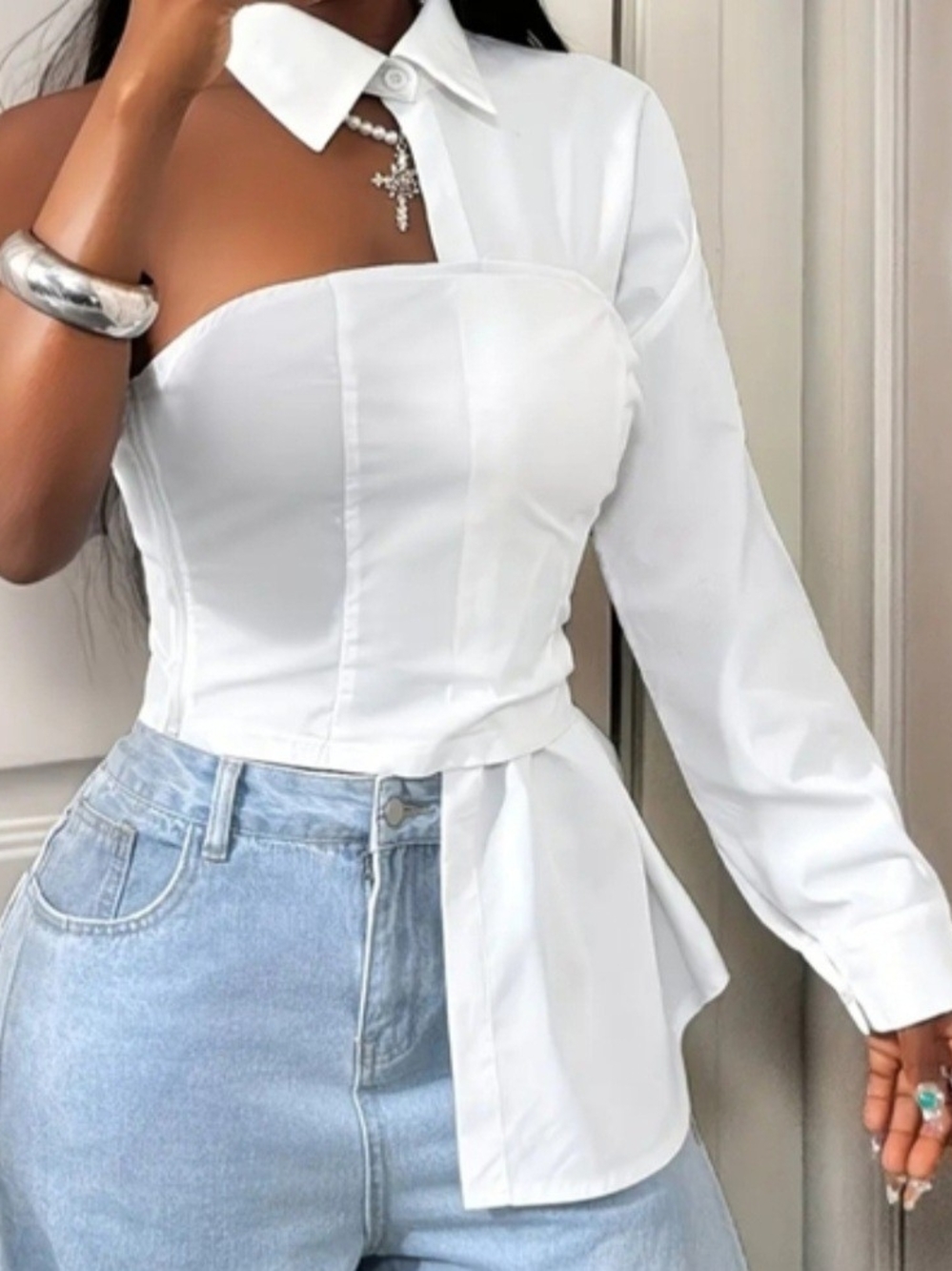 White Asymmetric One-Shoulder Corset Shirt Top